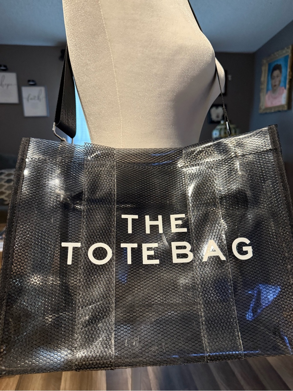 Black Clear Overlay Tote Bag with Bold White Logo
